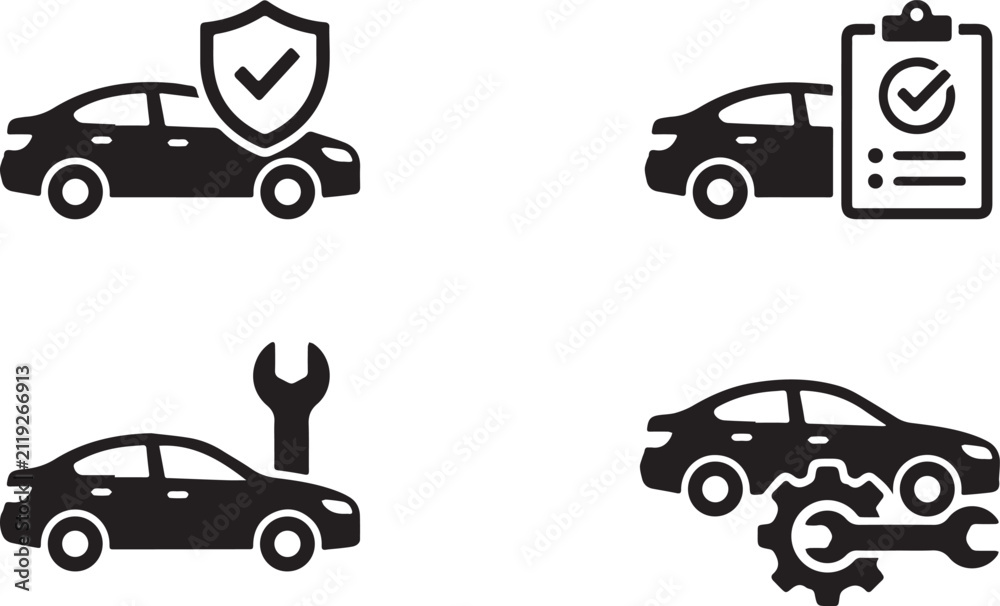 Fototapeta premium Set of car service and maintenance icons featuring vehicle insurance inspection repair and mechanical checkup symbols