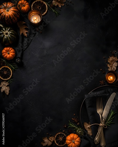 Festive halloween table setting with pumpkins candles and cutlery on a dark rustic background top view