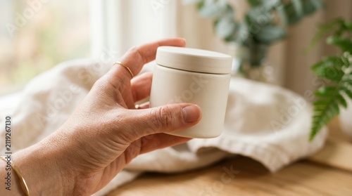 Hand holding cream jar