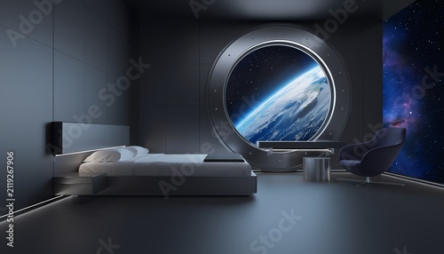 Luxury space hotel cabin interior with large round window viewing planet Earth, futuristic orbital tourism concept