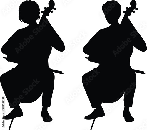 Bild auf Leinwand Cello players silhouettes vector set featuring classical musicians sitting and p