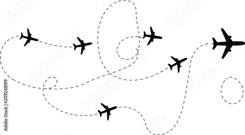 Set of aircraft silhouettes flying along winding dotted navigation routes on white background with airplane silhouette aviation aircraft transportation airliner traveling navigation isolated