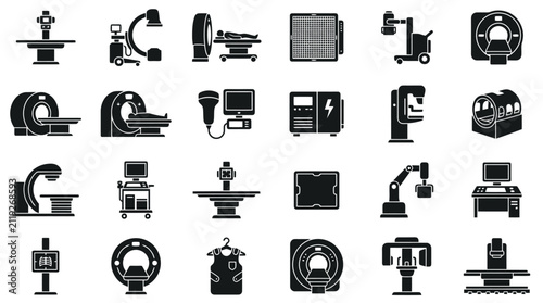 Medical imaging and radiology equipment vector icon set, X-ray, MRI, CT scan, ultrasound, diagnostics, hospital machinery black glyph icons collection