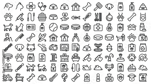 Canvastavla Pet Care Icons Collection Black Line Art On White Background