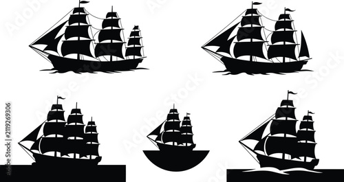 Foto Sailing ships silhouettes vector set featuring vintage tall wooden pirate galleo