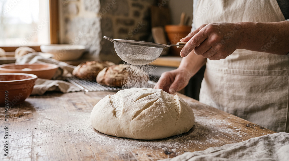 Fototapeta premium Baker dusting bread dough with flour