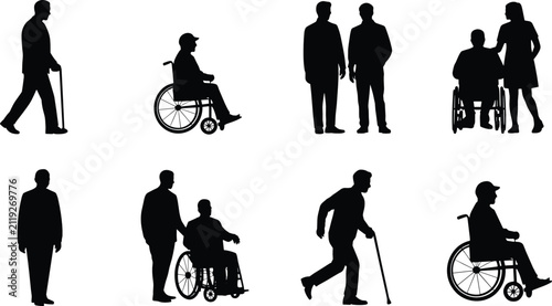 Quadro su tela Disabled and elderly people silhouettes vector set featuring wheelchair users in