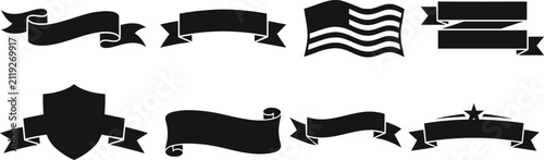 Collection of vintage decorative ribbon banners and shields in a black graphic style silhouette