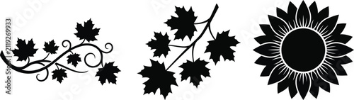 Set of decorative maple leaves and a sunflower flower in a black graphic silhouette