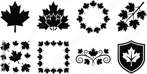 Collection of various decorative maple leaf elements presented in a clean black graphic silhouette