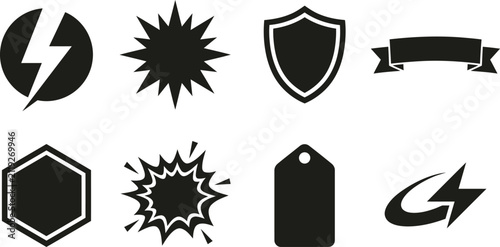 Set of various graphic design elements and badge shapes in a flat black silhouette