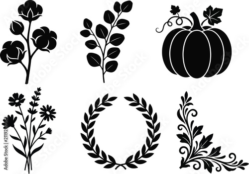 Collection of autumn harvest floral elements and pumpkin in a decorative black ink silhouette