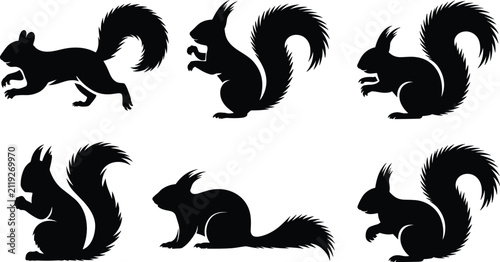 фотографія Squirrel silhouettes vector set featuring fluffy tail wild rodents sitting runni