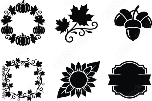 Set of autumn harvest icons and decorative elements in a classic black ink silhouette