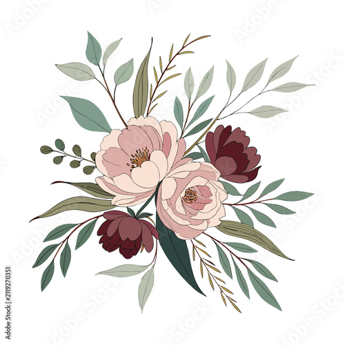 Elegant Bouquet of Pink Roses with Floral Leaves Vintage Vector Illustration for Spring Nature Design and Decorative Blossom Pattern