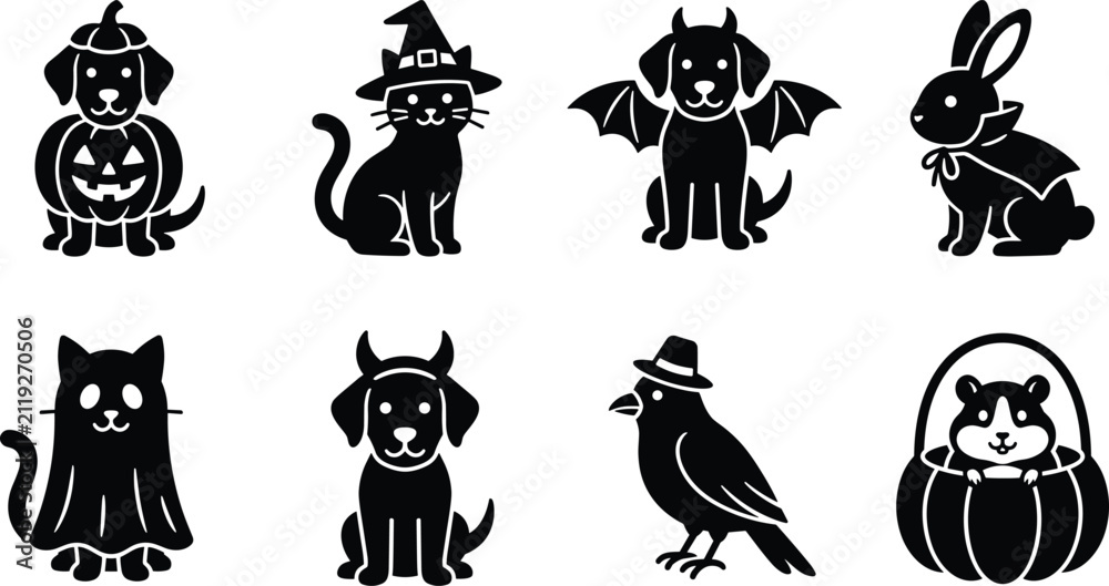 Obraz premium Set of Black Cute Halloween Animal Silhouette Icons with Dog Cat Rabbit Crow and Hamster in Costume for Kids Design