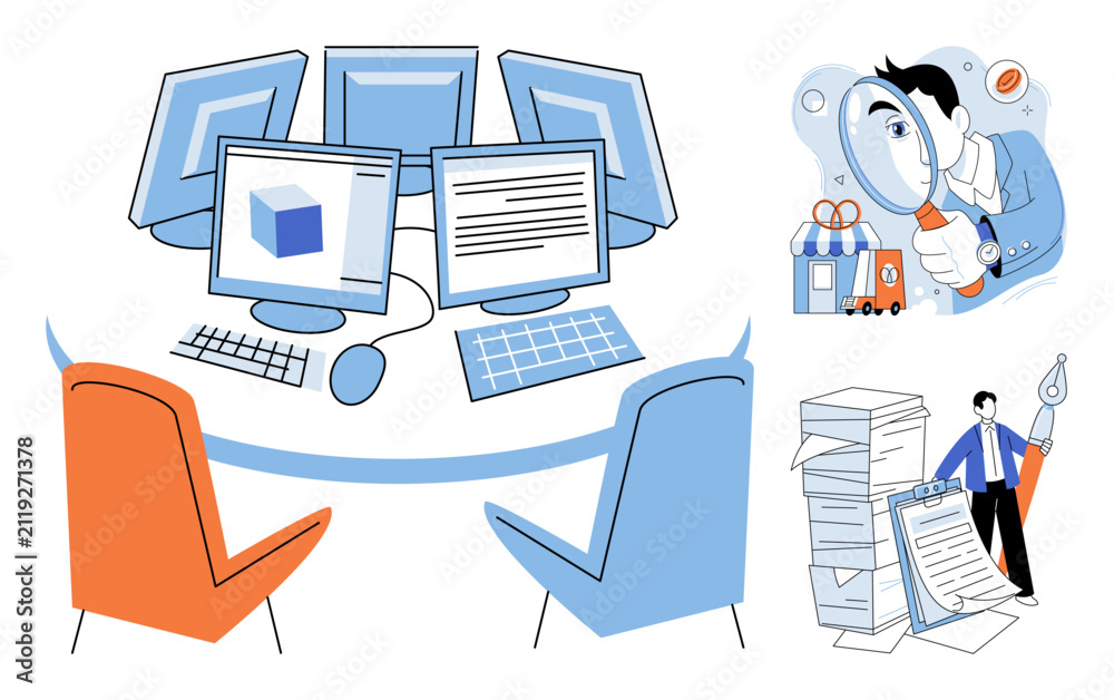 Naklejka premium Office desk with computer monitors and professional tasks vector illustration. Business management, remote work, data analysis, project planning, corporate strategy, digital workflow. Workplace setup