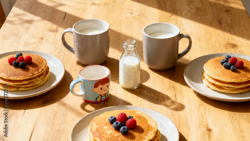 Minimalist family breakfast table setting for three