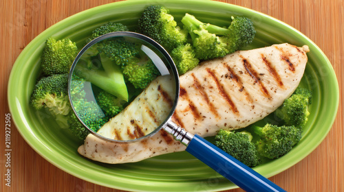 down view of a ceramic plate containing a grilled chicken breast and broccoli. A magnifying glass lies on top of the chicken enlarging a microscopic texture of a wall or shield representing 