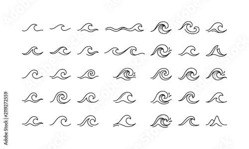 Collection of hand drawn ocean wave icons in various shapes and styles for water movement illustration graphic set featuring simple line art and detailed sketches on white background.