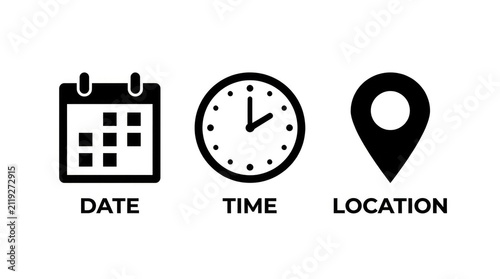 Minimalist black icons representing calendar date clock time and map pin location on white background