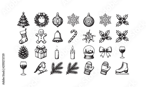 Set of black and white christmas and new year design elements, hand drawn holiday symbols for winter celebration vector illustration.