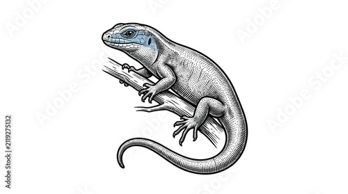 Foto Blue-throated lizard climbing branch engraved art.