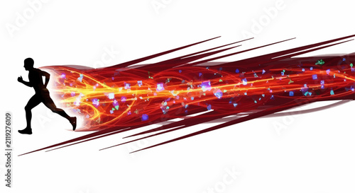 Silhouette of a runner exploding with speed and energy in a dynamic burst of light and particles.