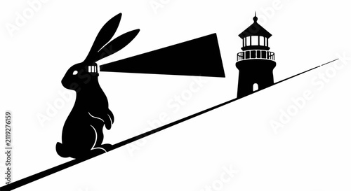 Whimsical rabbit with lighthouse beam eyes guiding the way
