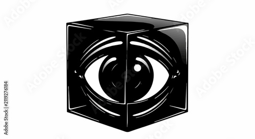 A stylized eye observes from within a reflective black cube, symbolizing perception and mystery.