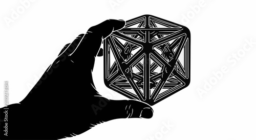 Hand holding a complex geometric shape against a bright white background, representing abstract concepts and innovation.