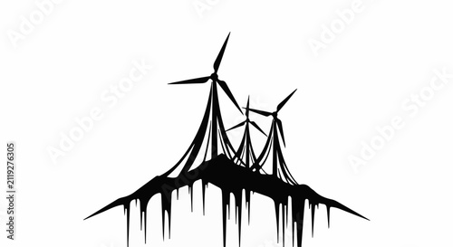 Silhouette of wind turbines on a stylized mountain landscape with dripping effect
