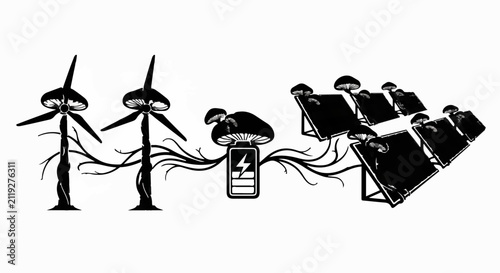 Whimsical renewable energy sources connected by organic elements, symbolizing sustainable power generation.