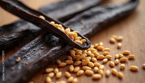Natural vanilla beans with seeds scattered on wooden surface showcasing culinary delights. Vanilla beans emphasize gourmet cooking with rich flavors and aromatic spices.