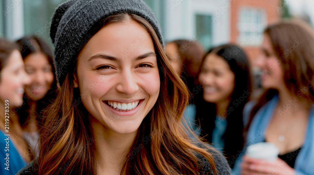 Obraz premium A happy young woman with a beanie and a warm smile, surrounded by friends in the background. The image captures a moment of genuine joy and connection