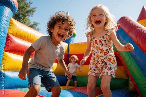 Happy kids jump on colorful inflatable bounce house at outdoor party. Small boy, girl laugh playing in bouncy castle playground. Friends enjoy active summer birthday game together. Energetic toddler