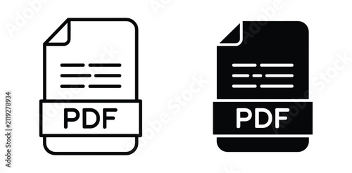 Fotografía PDF Document Icons: Two representations of a PDF document file, one outlined and one solid black, symbolizing digital documents and data storage