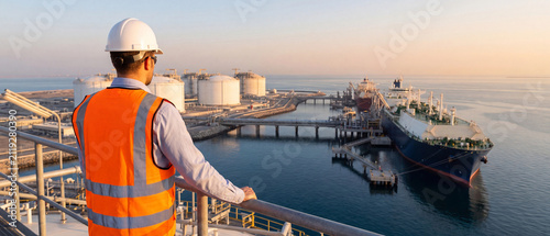 Engineer looking at a liquefied natural gas tanker ship docked at a port terminal during sunset