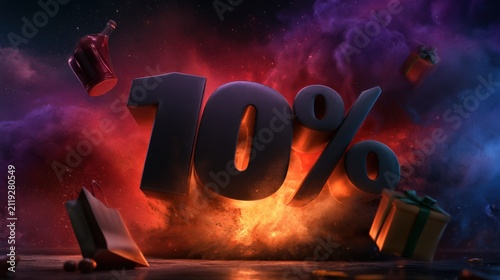 Vibrant explosion of fire and smoke surrounds bold 10% text