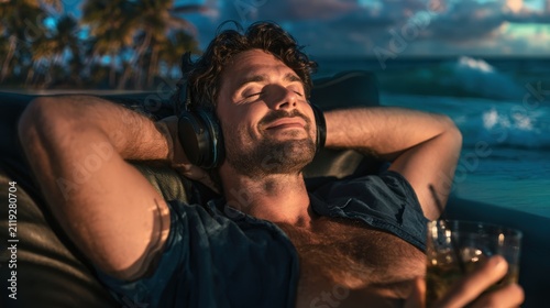 Man relaxes on beach chair, eyes closed
