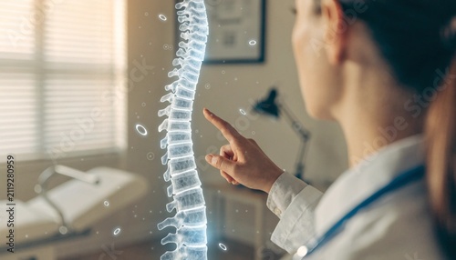 Female Doctor Pointing at Spine Hologram with Patient