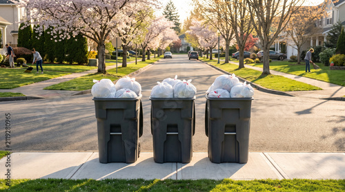 Three garbage bins filled with trash on suburban street in spring  