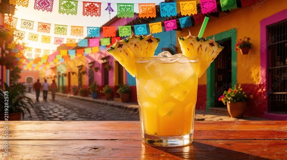 Obraz premium Tropical pineapple cocktail with ice sits on wooden table. Colorful decorations hang over cobblestone street in Mexican town. People walk through bright street during festive summer celebration in