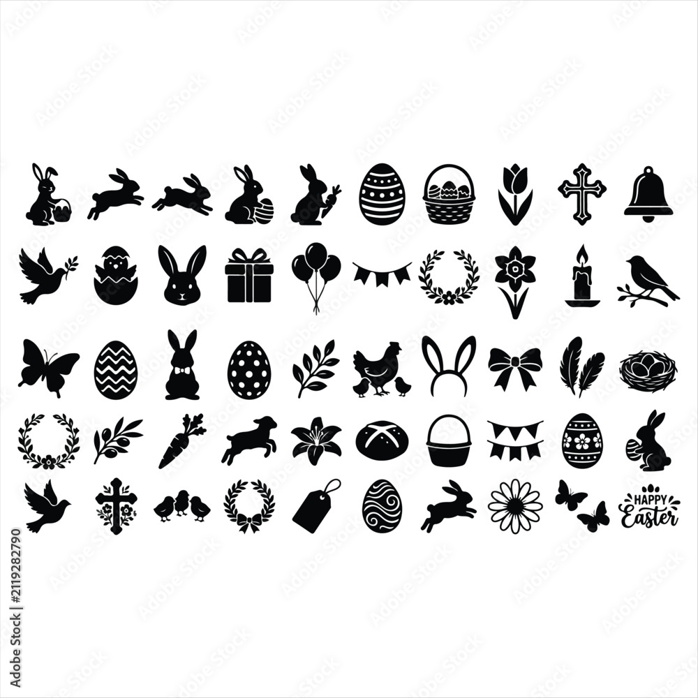 Obraz premium Black Silhouette Animal Vector Icon Set with Floral Nature Elements Butterflies Birds Trees Leaves Seamless Ornament Pattern Design Illustration Collection