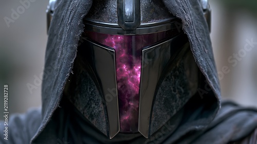Prompt: A rough, weathered portrait of a duelist. His face is hidden behind a polished obsidian mask that reflects a hyper-detailed, slow-moving pink nebula cloud. Shot on Phase One XF IQ4, 