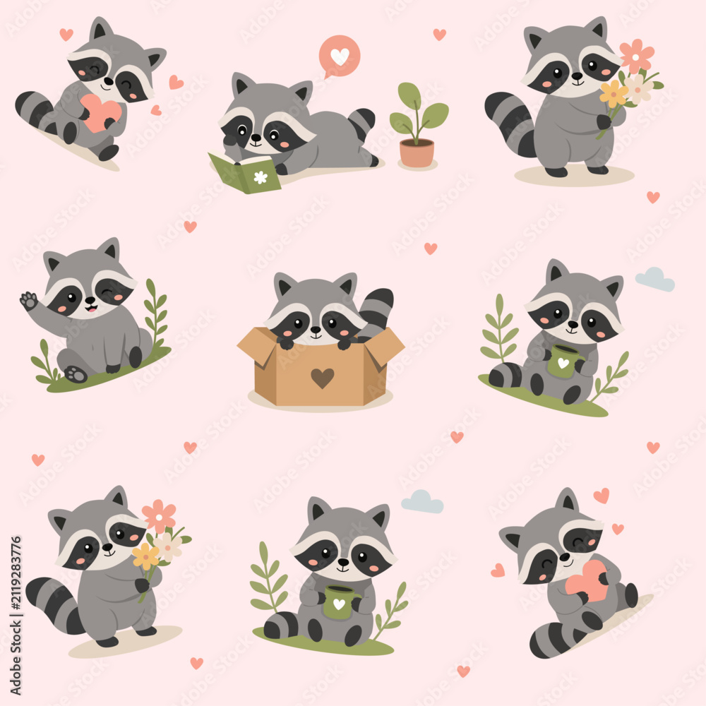 Naklejka premium Pattern with cute raccoons, forest animals, stickers, print for paper and clothing
