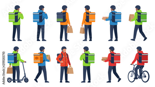 Food Delivery Couriers with Thermal Backpacks, Scooter, and Bicycle Back View Character Set Vector Illustration