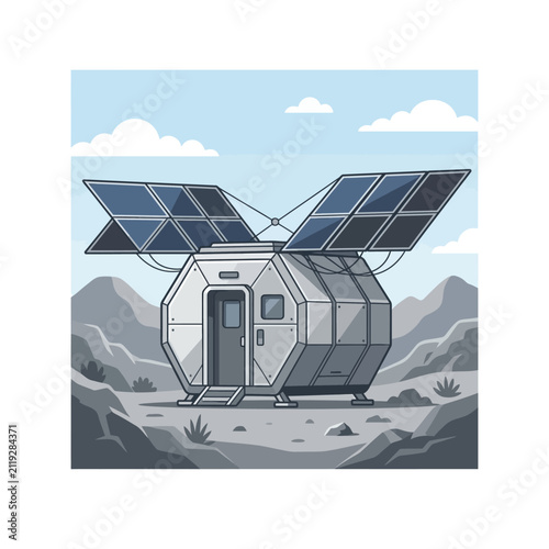 Futuristic modular habitat pod with solar panels.