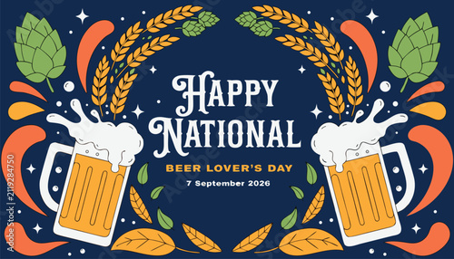 Fotografía Happy national beer lovers day greeting card with beer mugs and wheat
