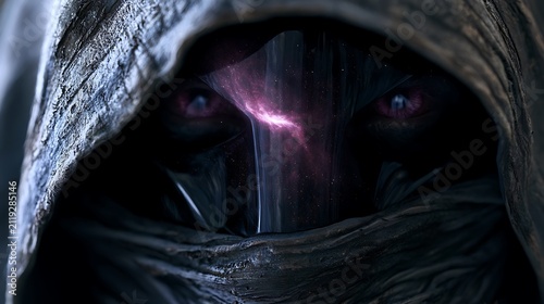 Prompt: A rough, weathered portrait of a duelist. His face is hidden behind a polished obsidian mask that reflects a hyper-detailed, slow-moving pink nebula cloud. Shot on Phase One XF IQ4, 